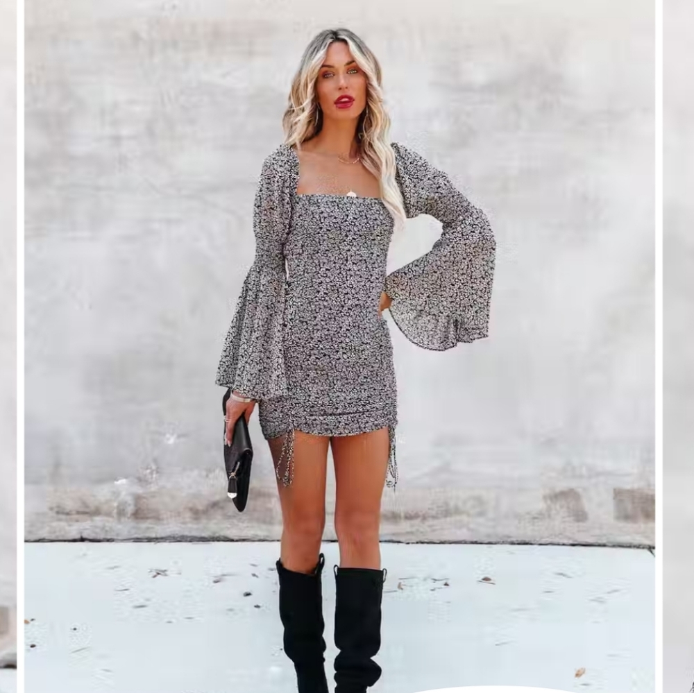 MORRIS FLORAL BELL SLEEVE RUCHED MINIDRESS